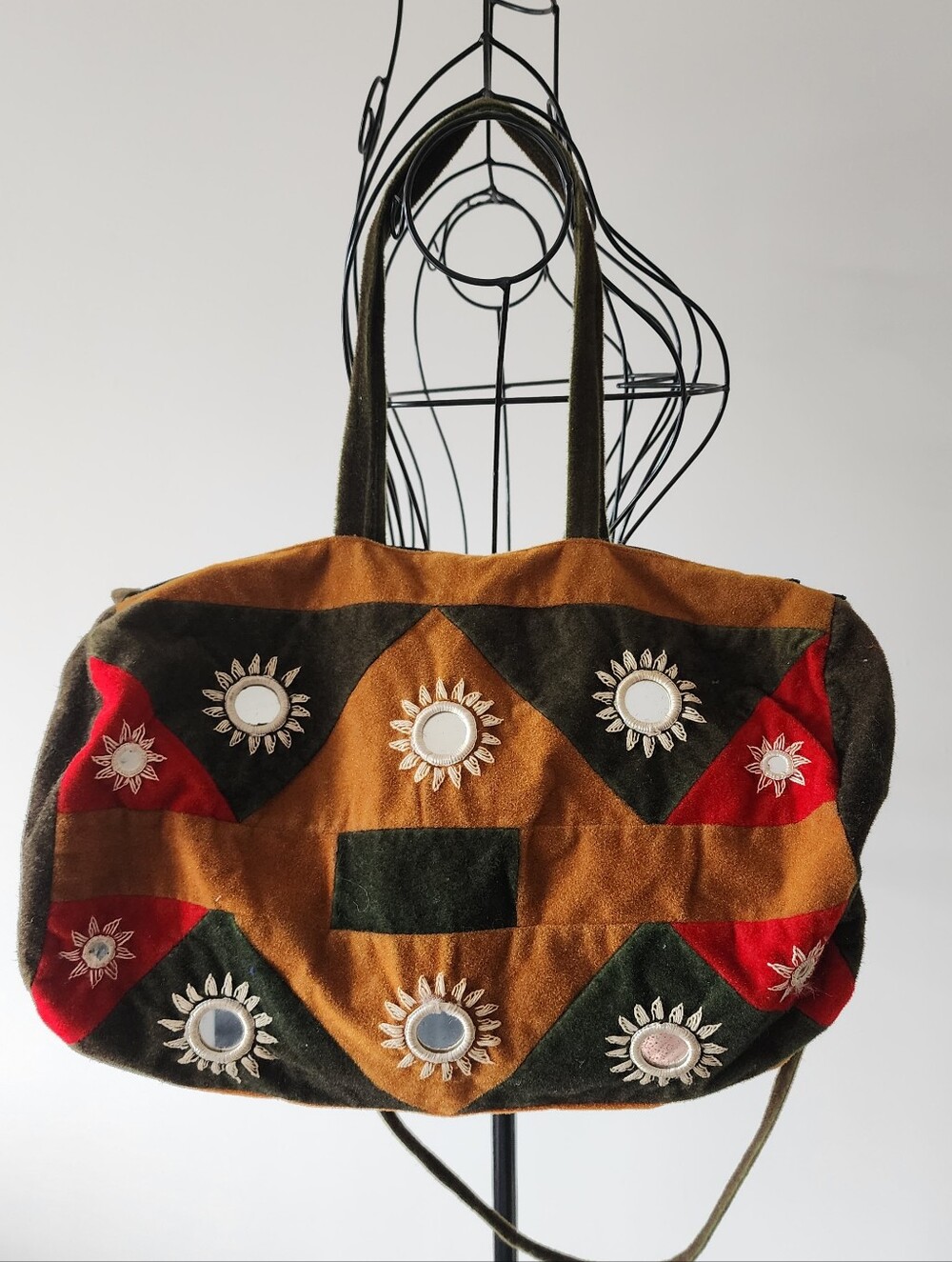 Vintage Mirror Velvet Duffle Bag OS Brown Bohemian Vintage Folk Patchwork Artsy